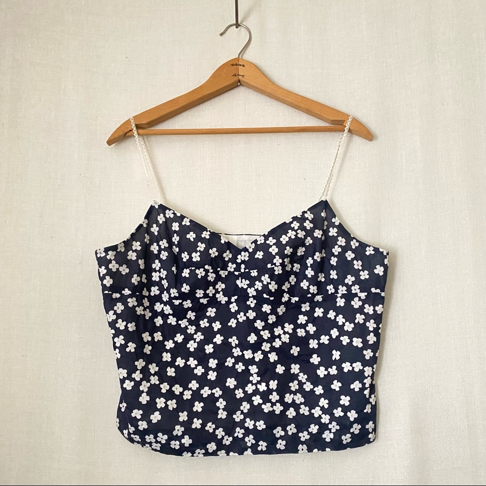Vintage 90’s / Y2K Navy Blue white Flower tank top Sz L